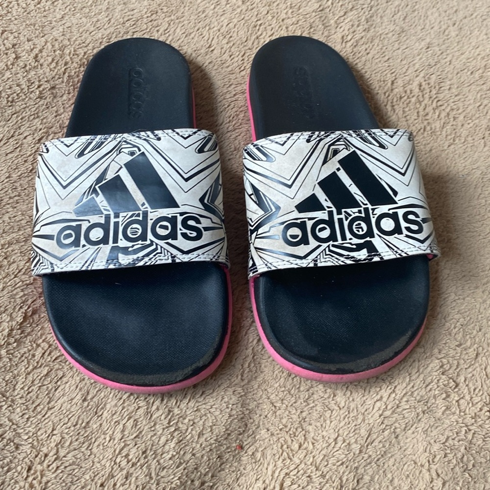 Adidas slides, pink, black, and white, size women’s 8